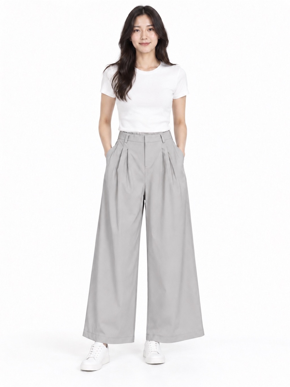 HALARA Wide Leg Waffle Pleated High-Rise Pants in Light Gray